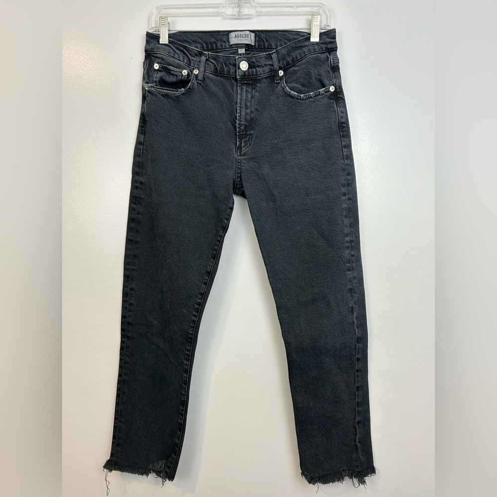 Agolde Toni Mid Rise Raw Hem Black Straight Leg Jeans Size 27